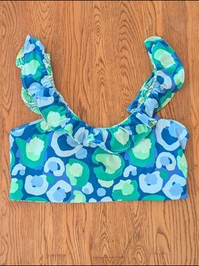 Emily McCarthy Blue and Green Cheetah Print Ruffle Bikini Swimsuit Top